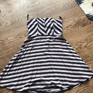 Strapless blue and tan striped dress